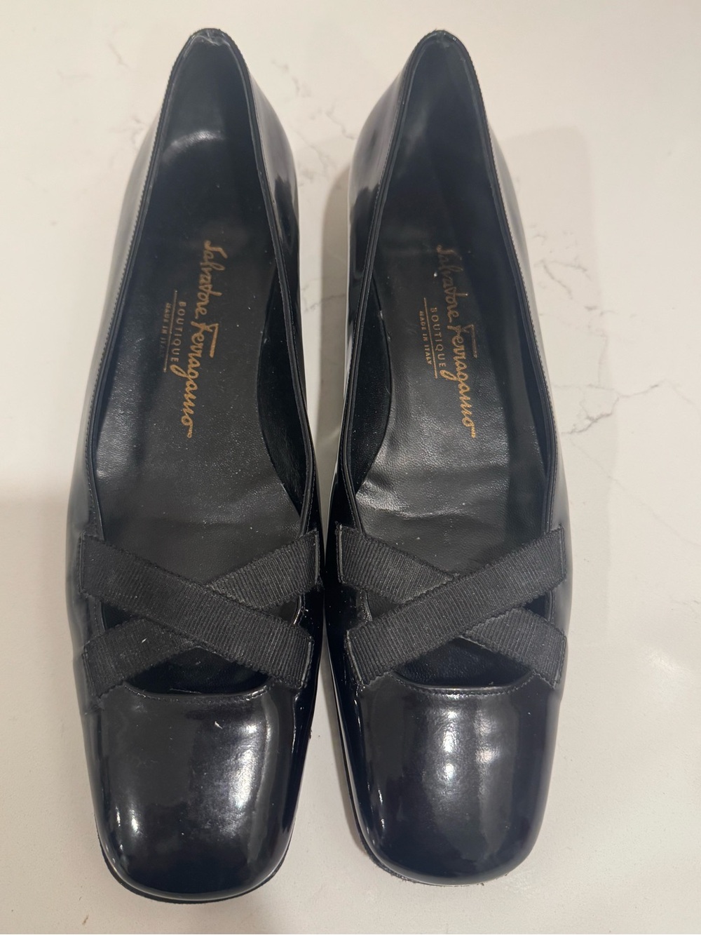 Salvatore Ferragamo Black Patent Leather Cross-Strap Flats